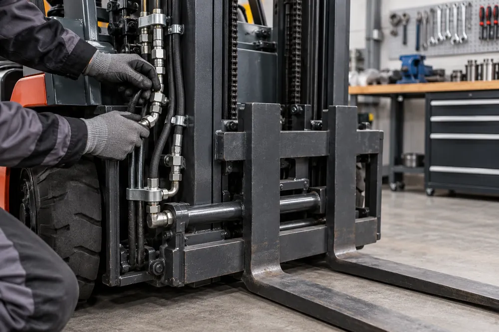 Gloved hands checking hydraulic connections on a stationary forklift