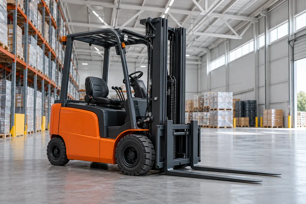 Counterbalance forklift with lowered forks in a distribution warehouse