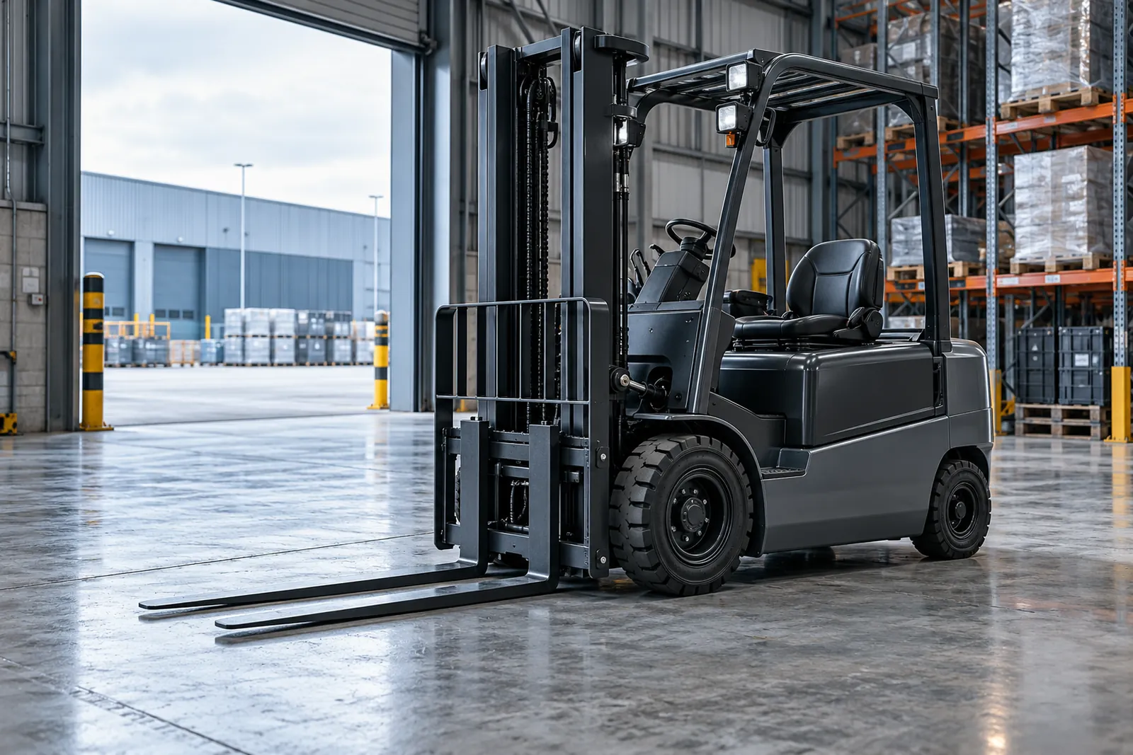 Electric counterbalance forklift with lowered forks in a commercial warehouse