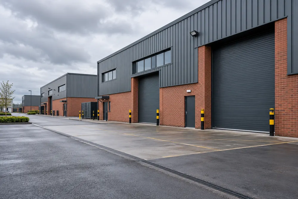 Commercial warehouses and loading areas in a representative West Midlands industrial setting